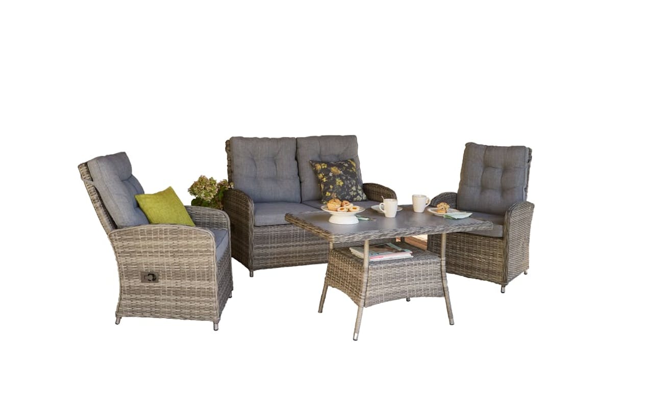 Garten-Lounge Plutos in Geflecht Polyrattan grau, Kissenbezüge in grau