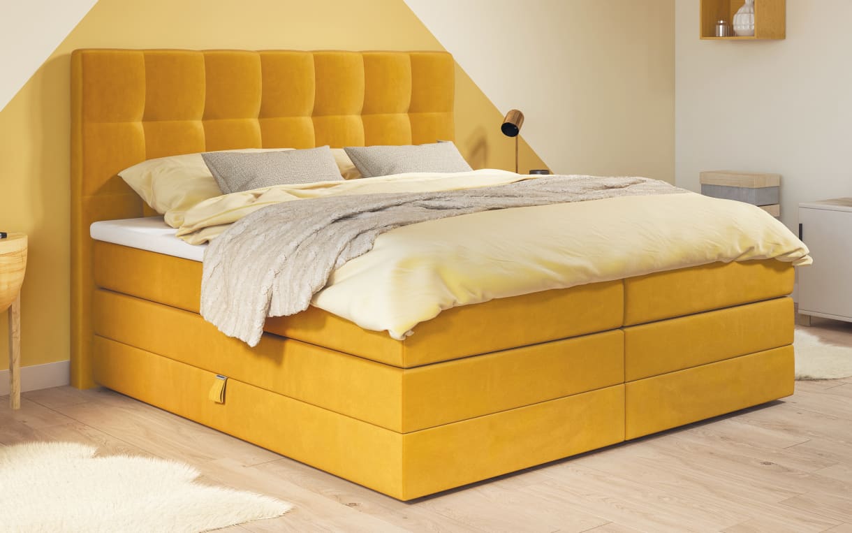 Boxspringbett Lifestyle Quadra, senfgelb, 180 x 200 cm, Härtegard 3 und 4, inkl. Bettkästen