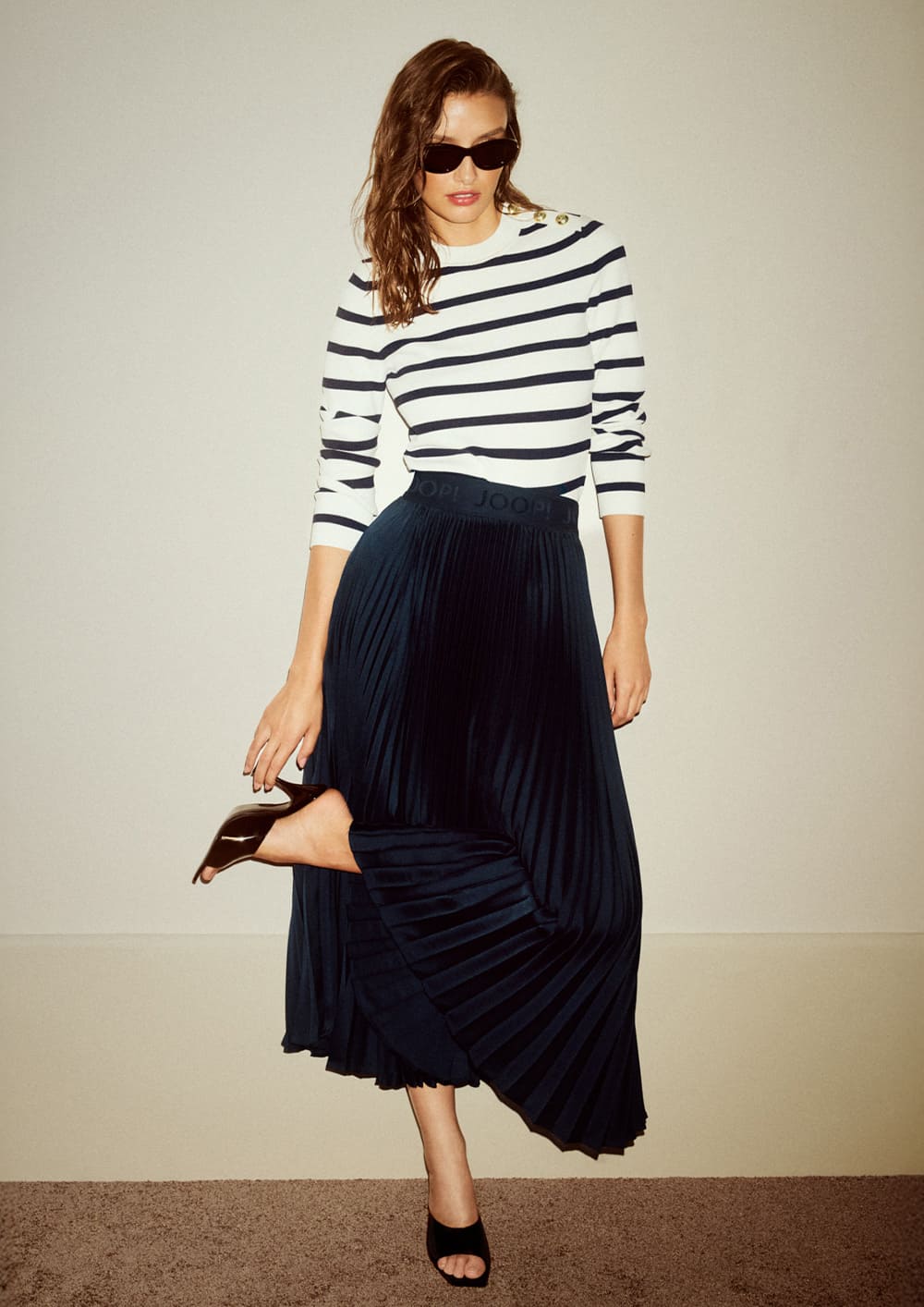 joop ladies long navy pleated skirt with long sleeve shirt in white and navy stripes