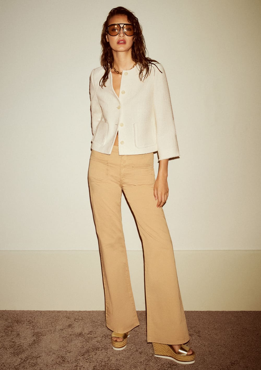 joop ladies blouse jacket in ecru white with beige trousers