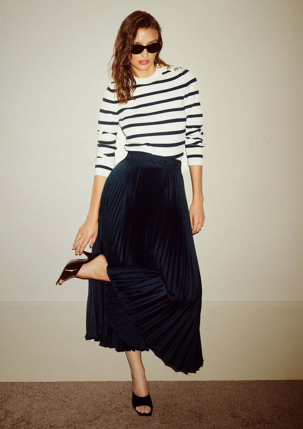 joop ladies long sleeve shirt in white with navy stripes and pleated skirt long in navy