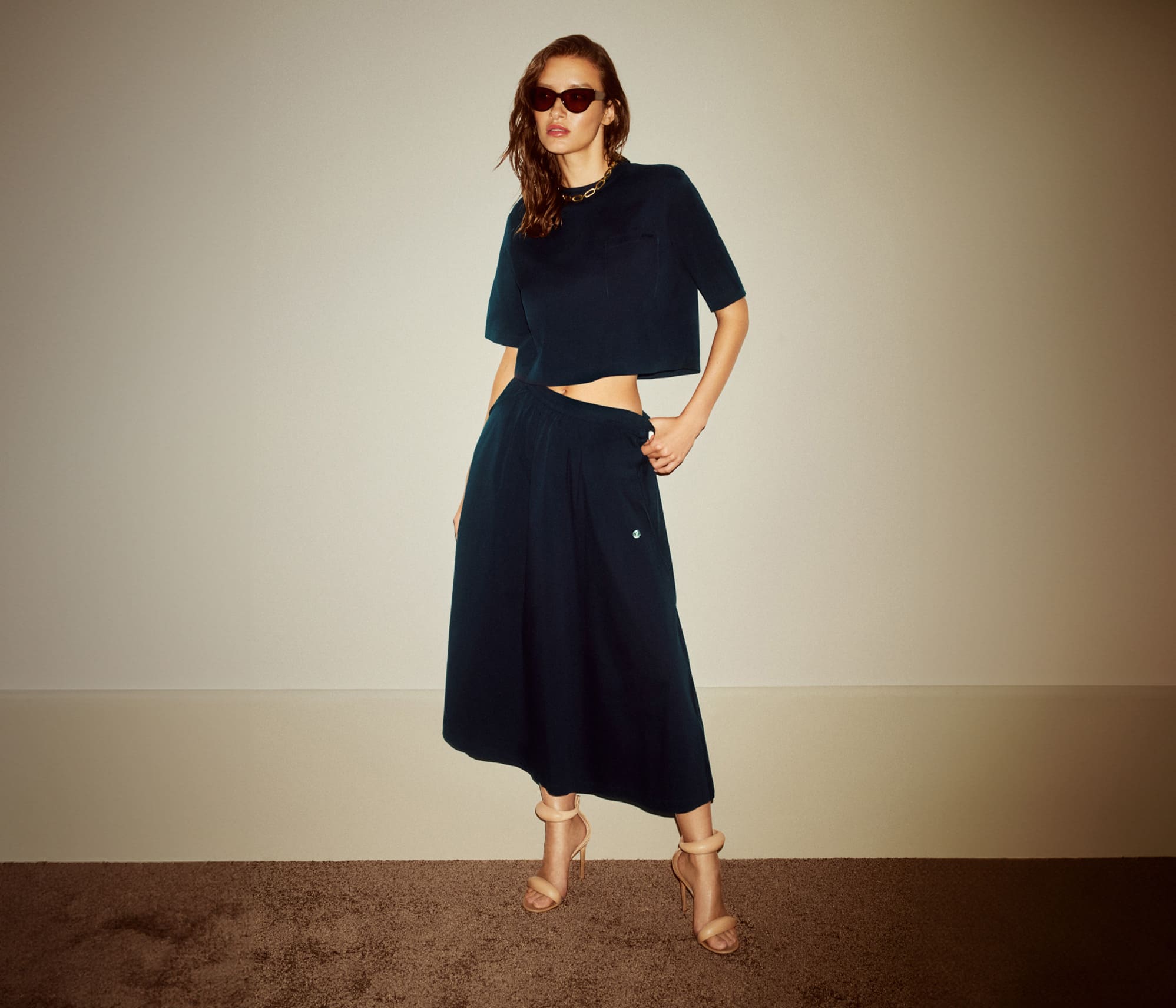 joop damen kombi set in navy mit cropped tshirt und langem a linien rock