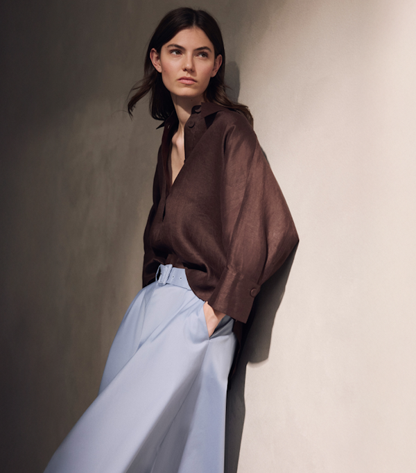 windsor damen bluse in braun mit rock in hellblau