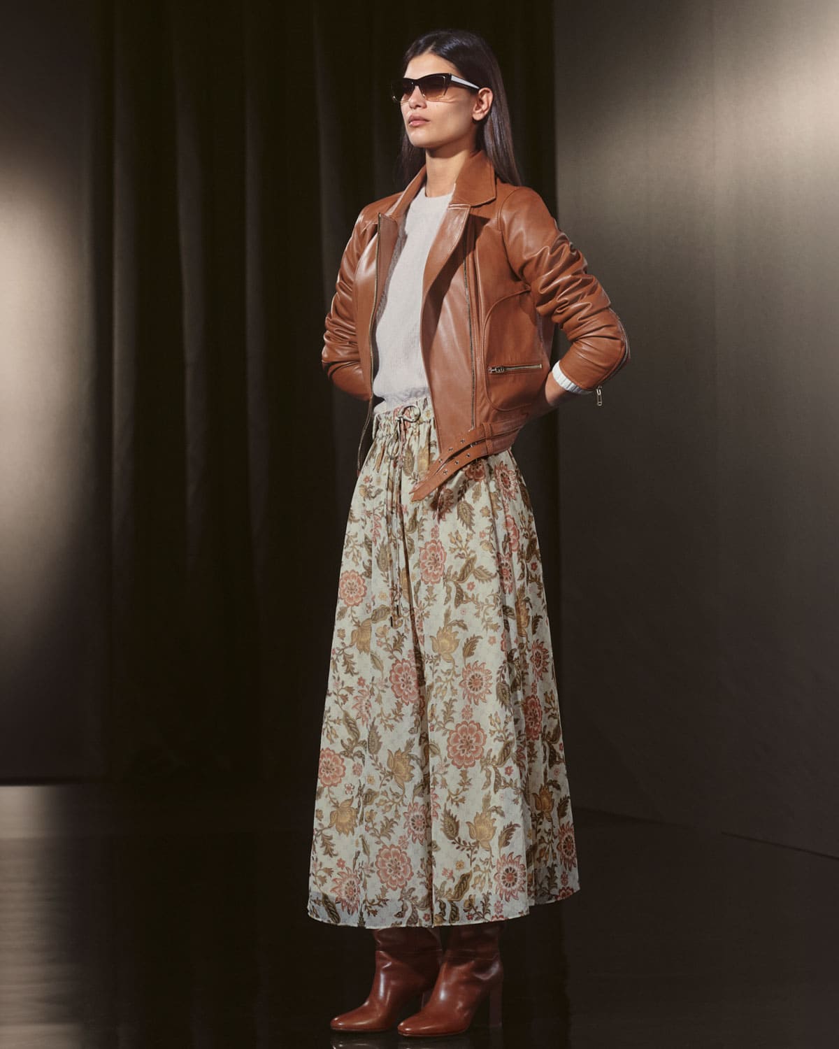 FLOWER SKIRT AND BROWN LEATHER JACKET