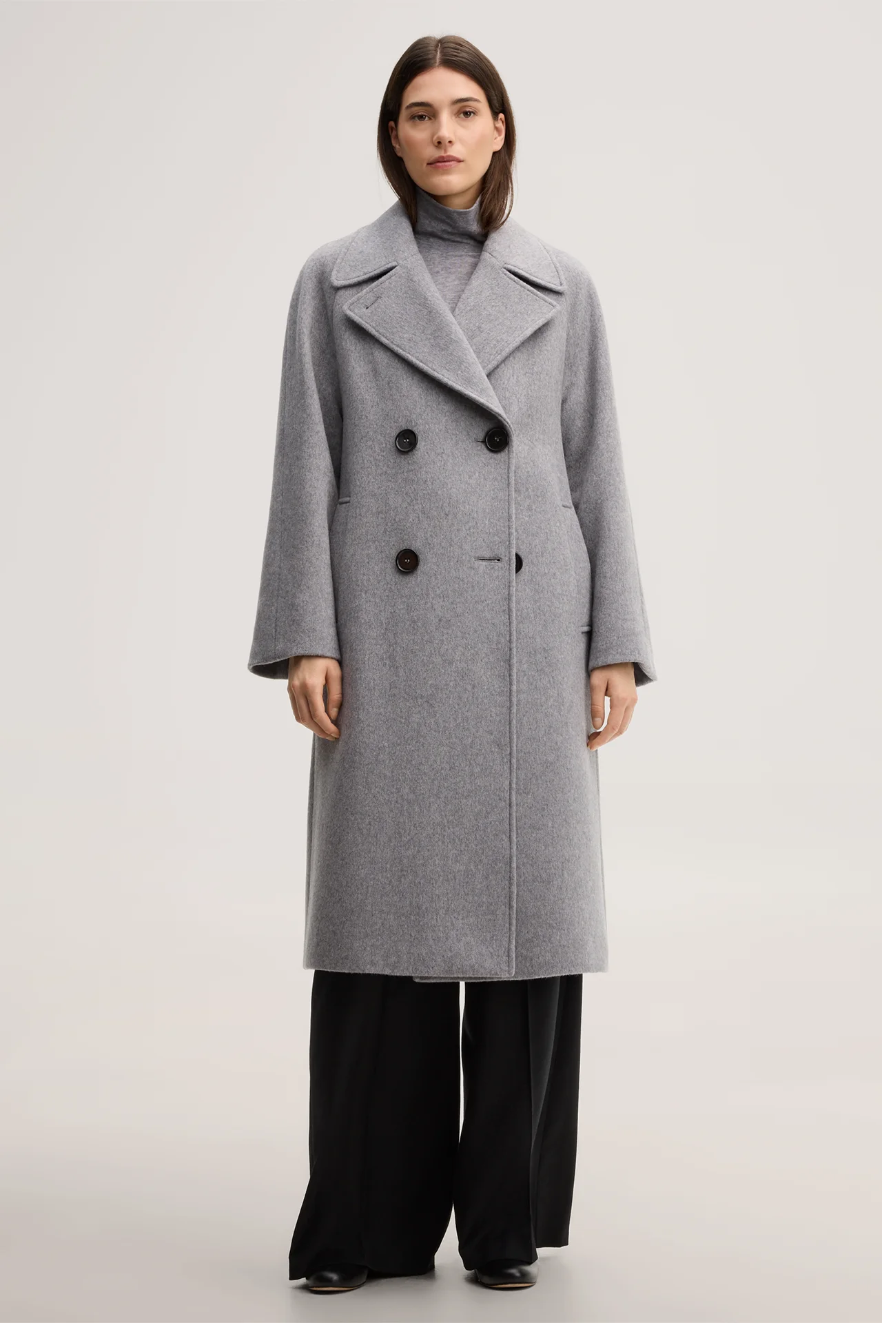 Light grey double-breasted coat in brushed wool