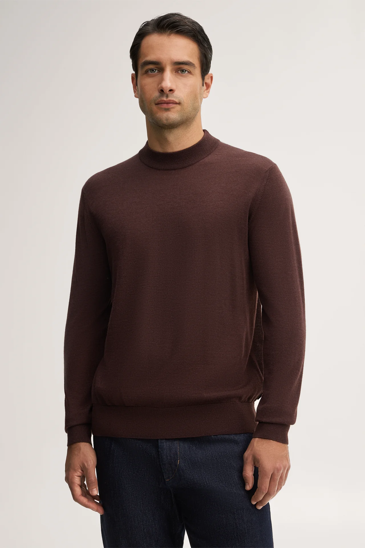 Strick-Stehkragen-Pullover mit Seide und Cashmere in Bordeaux Rot
