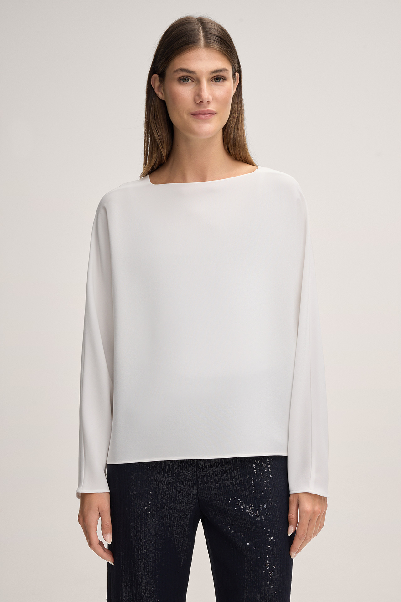 Crepe-Langarm-Blusen-Shirt in Ecru