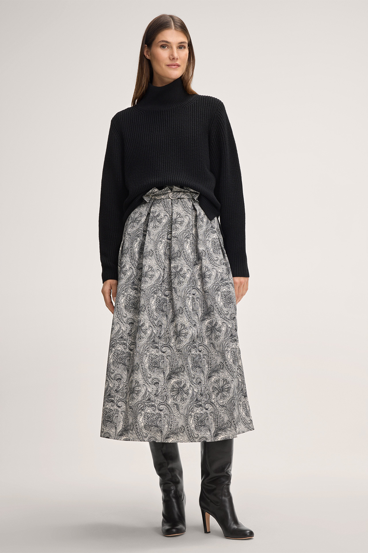 Paisley-Print-Midi-Rock mit Gürtel in Schwarz-Ecru