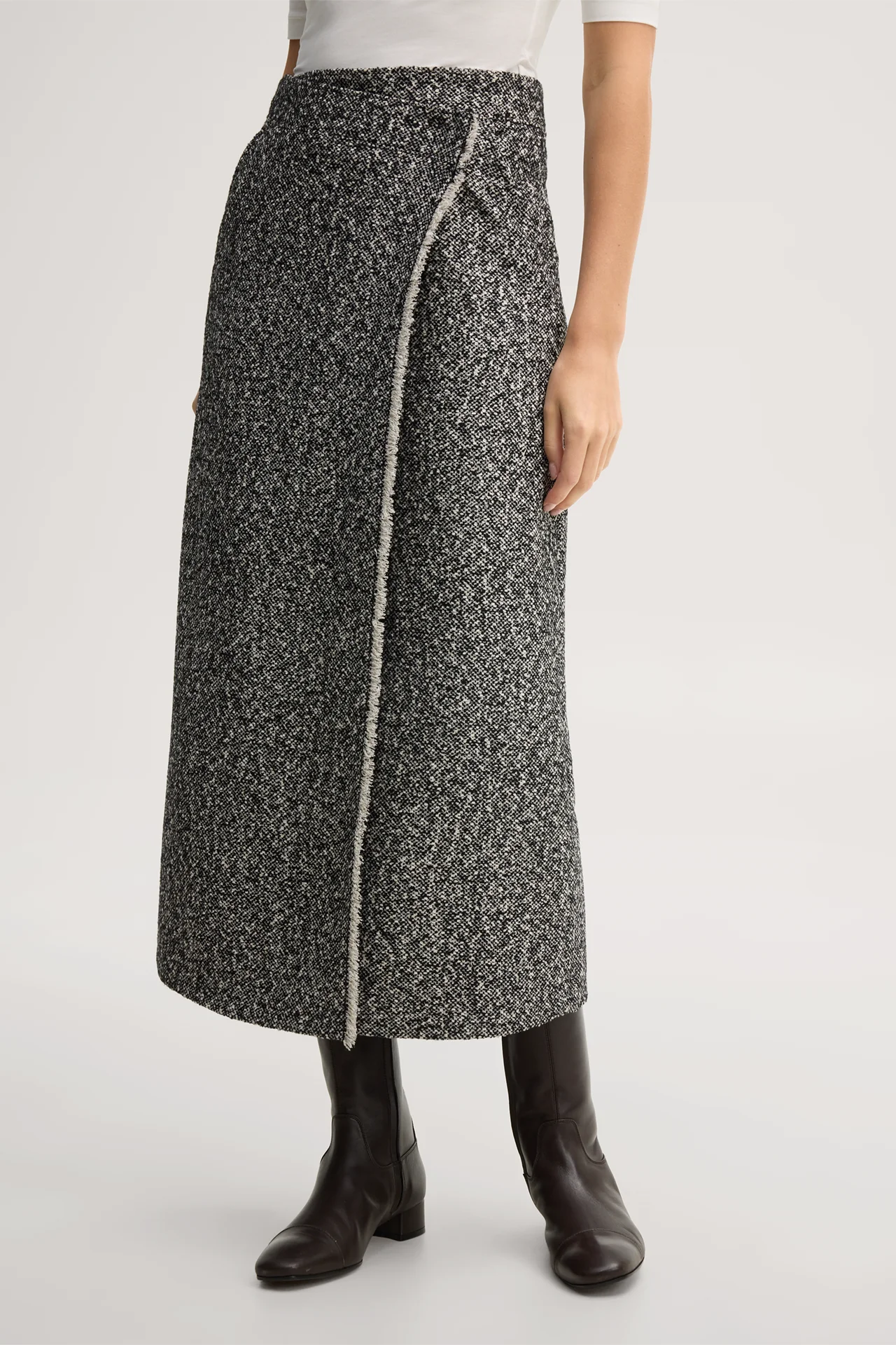 Schurwoll-Tweed-Maxi-Bleistift-Rock in Schwarz/Weiß