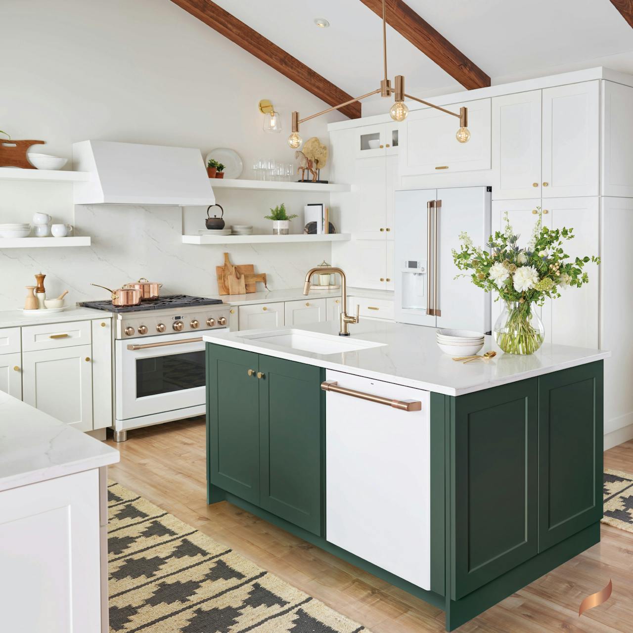 Matte white dishwasher in green cabinets