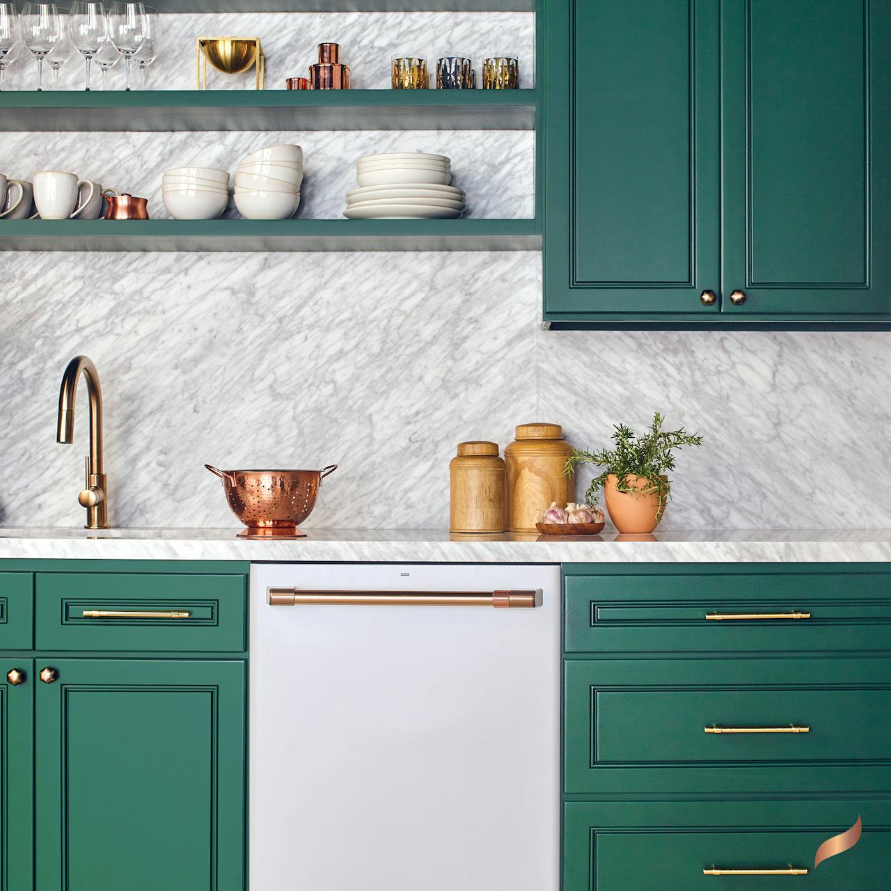 Matte white dishwasher in kitchen with bright green cabinets