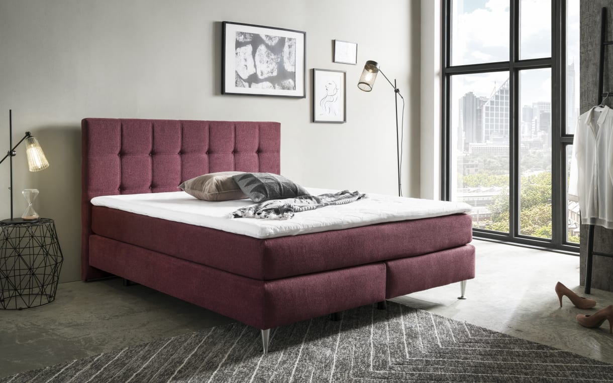 Boxspringbett Barell in merlot, 1 x Härtegrad 2 und 1 x Härtegrad 3, Liegefläche ca. 180 x 200 cm