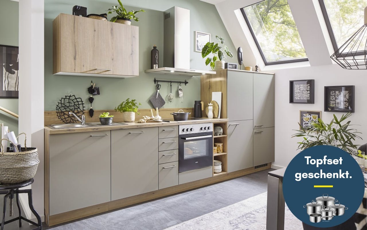 Einbauküche Clare/Plamos, creme/astig Eiche Nachbildung, inkl. Elektrogeräte