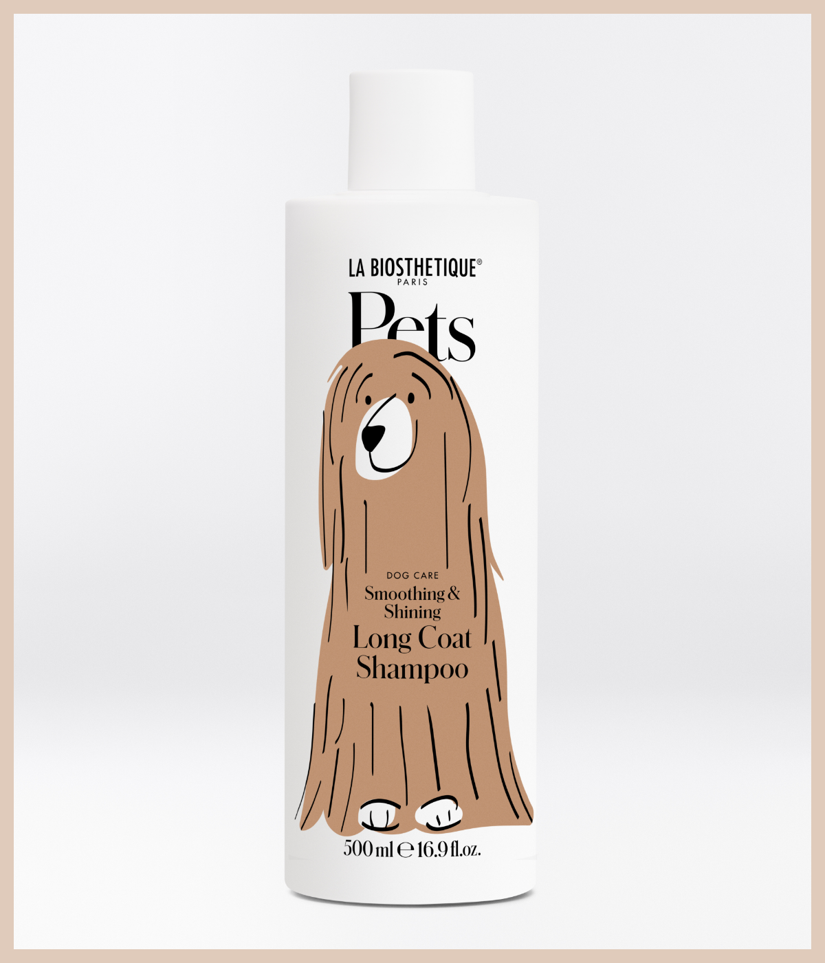 Weiße Shampoo-Flasche des Long Coat Shampoos von La Biosthétique mit Hunde-Zeichnung.