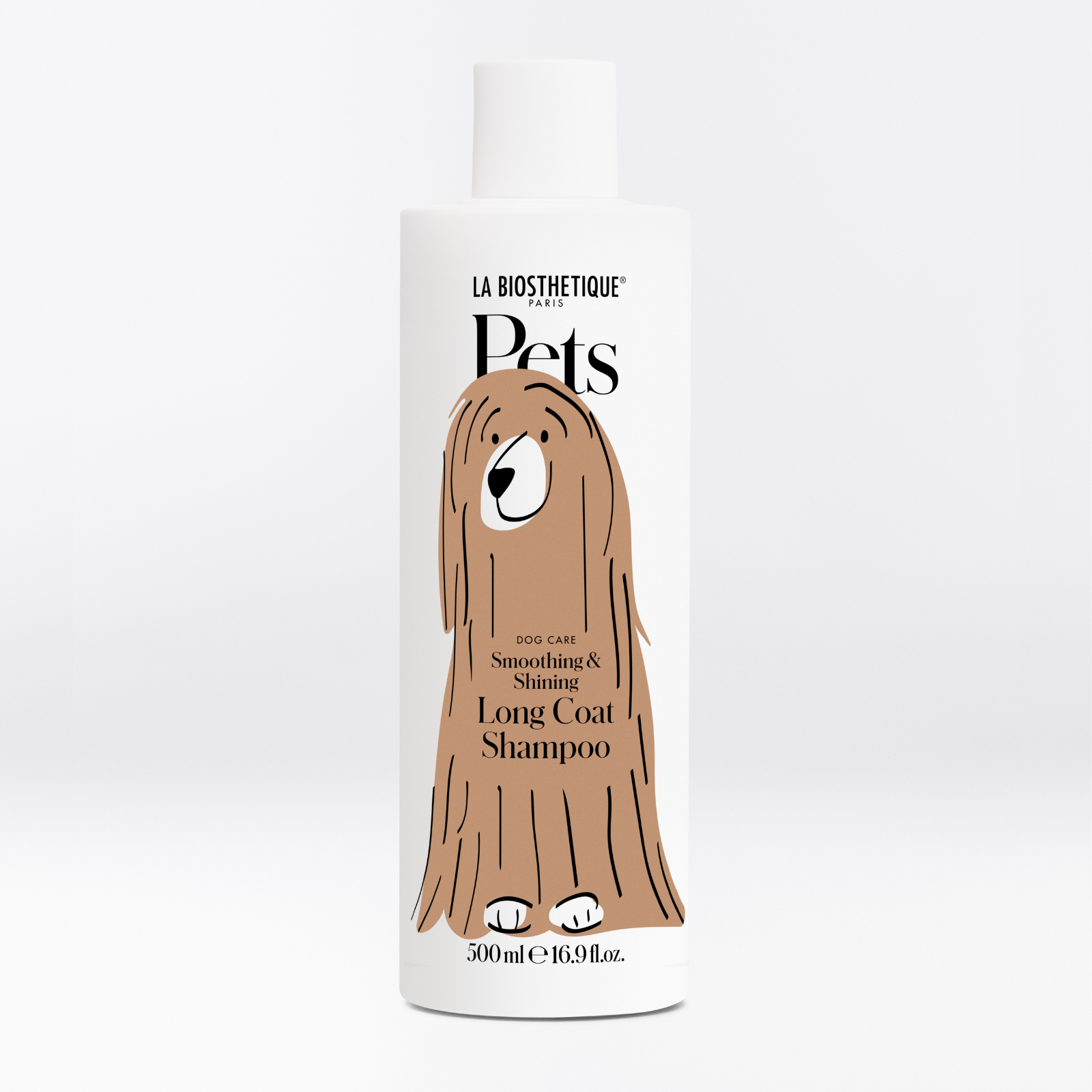 Weiße Shampoo-Flasche des Long Coat Shampoos von La Biosthétique mit Hunde-Zeichnung.