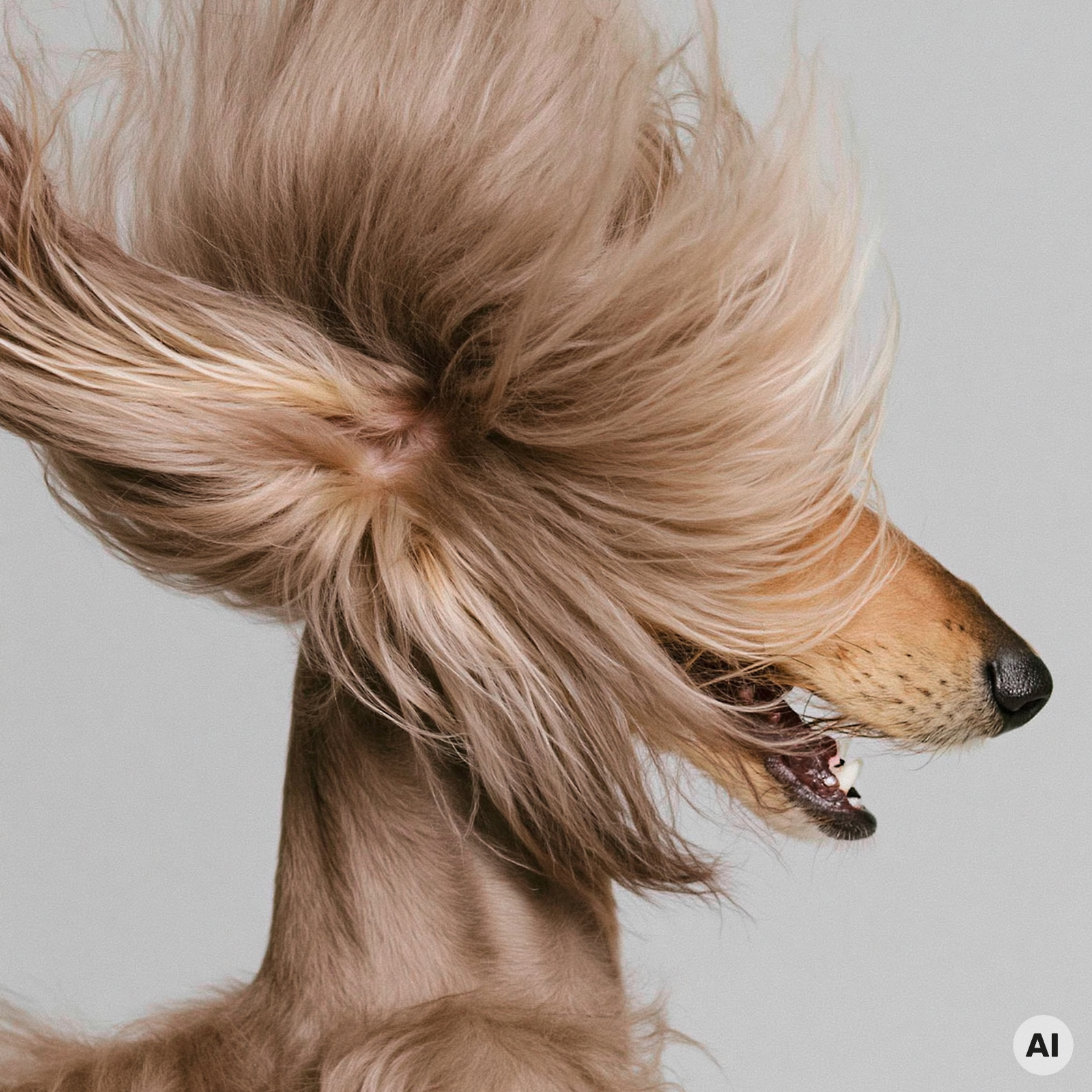Nahaufnahme eines Hundes mit langem blonden Fell, welches durch die Luft weht.