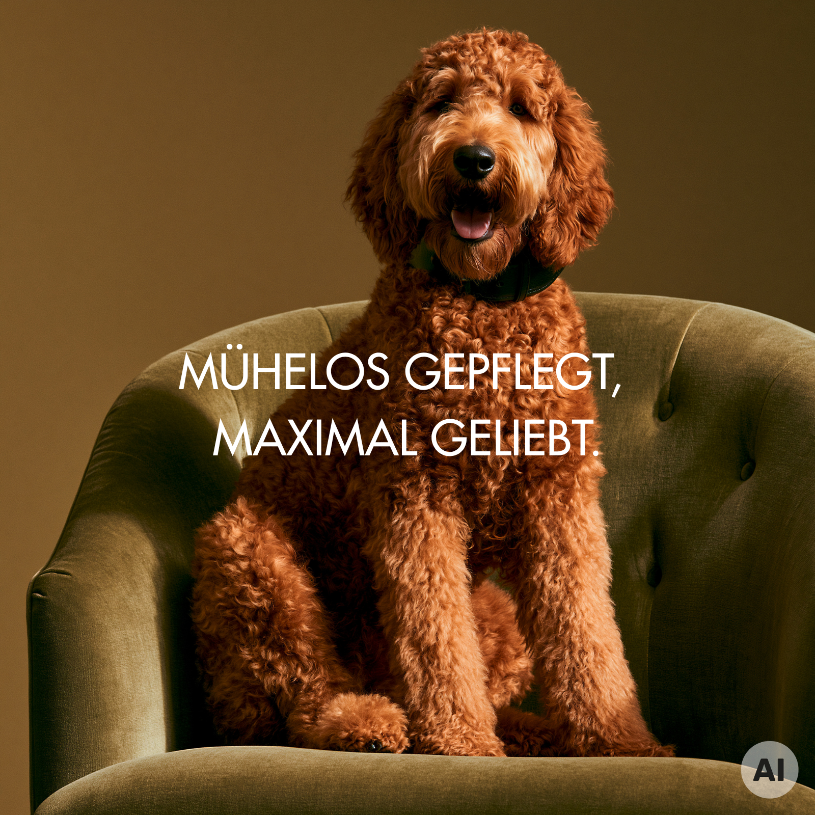 Hund mit braunem, lockigen Fell sitzt auf einem grünen Sofa.