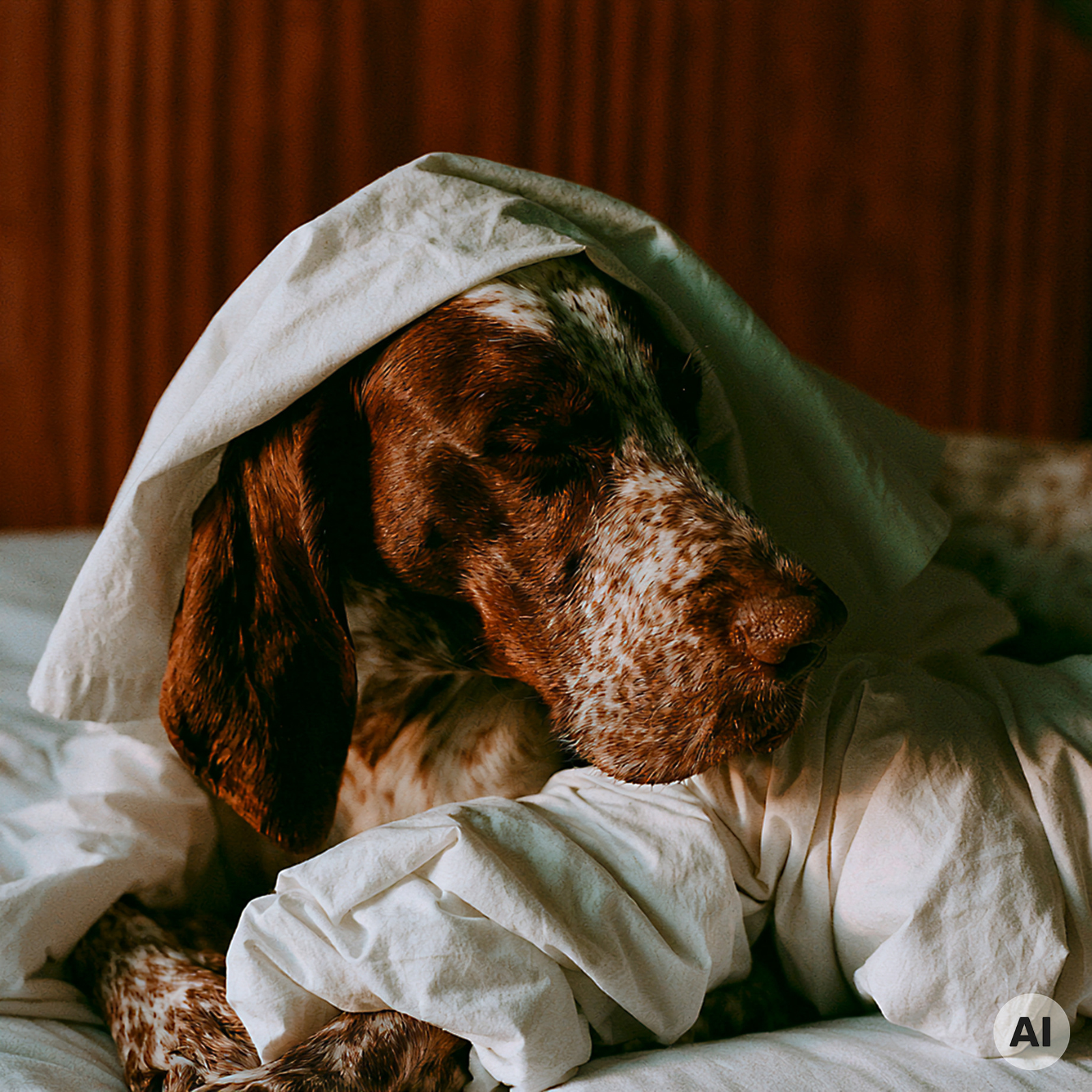 Hund mit braun, weiß Fell liegt auf dem Bett unter einer weißen Decke. 