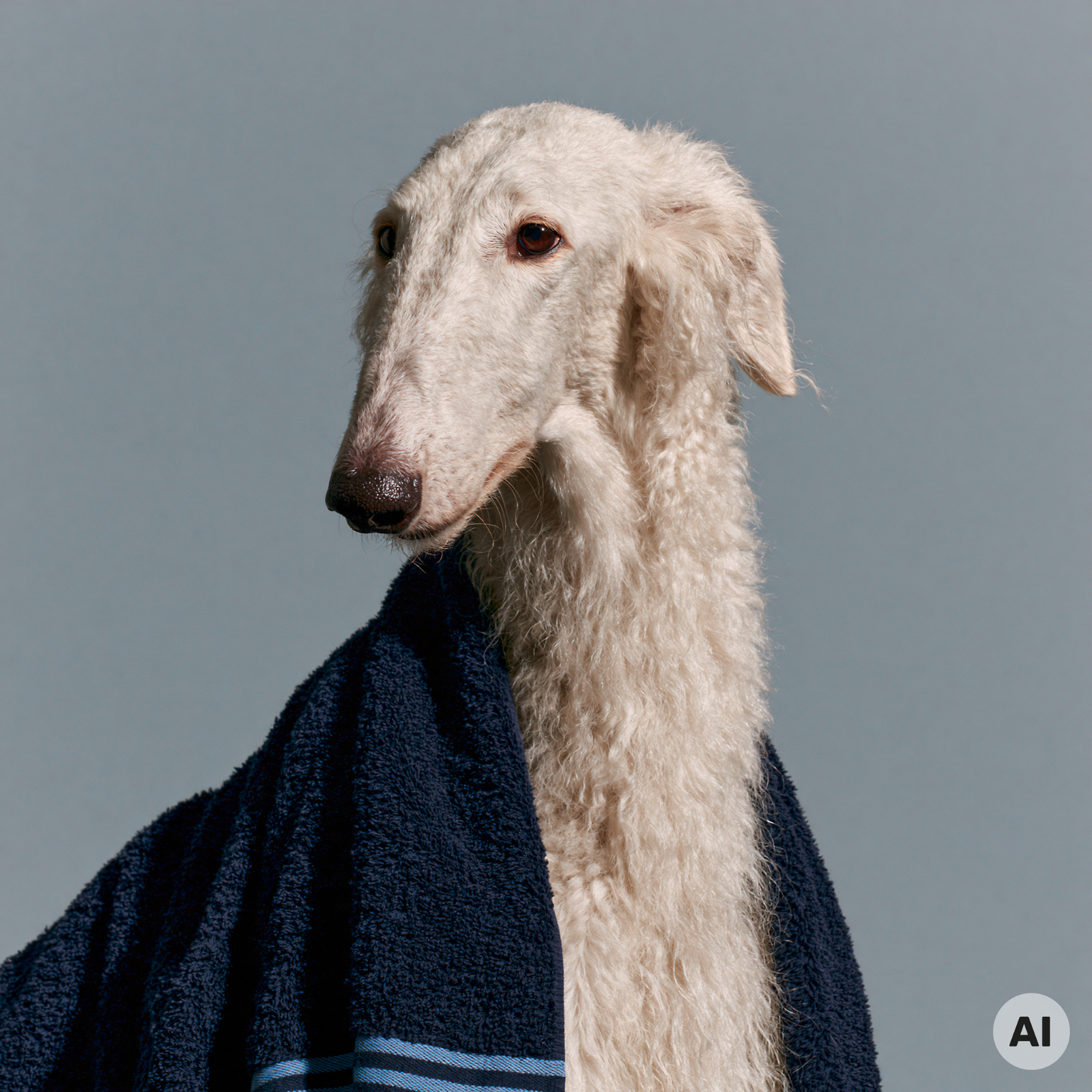Hund mit weißem flauschigem Fell trägt auf seinen Schultern ein blaues Badetuch.
