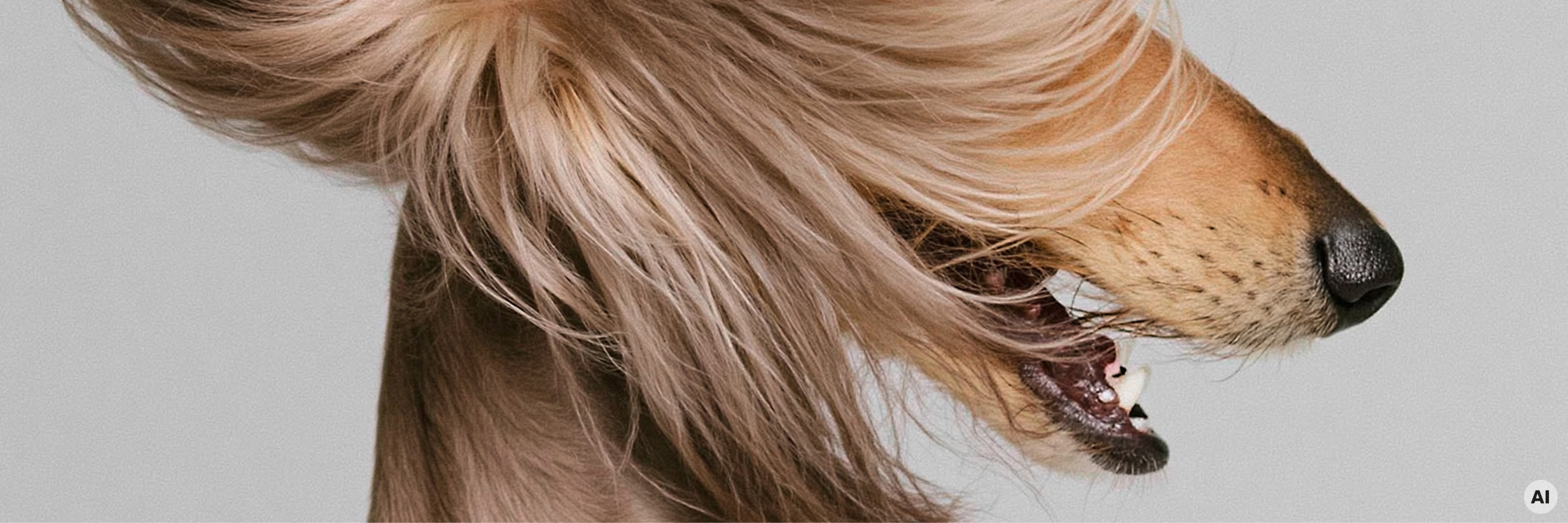 Nahaufnahme eines Hundes mit langem blonden Fell, welches durch die Luft weht.