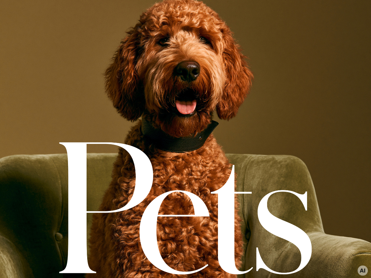 Hund mit braunem, lockigen Fell sitzt auf einem grünen Sofa. Über dem Bild liegt ein Logo "Pets".