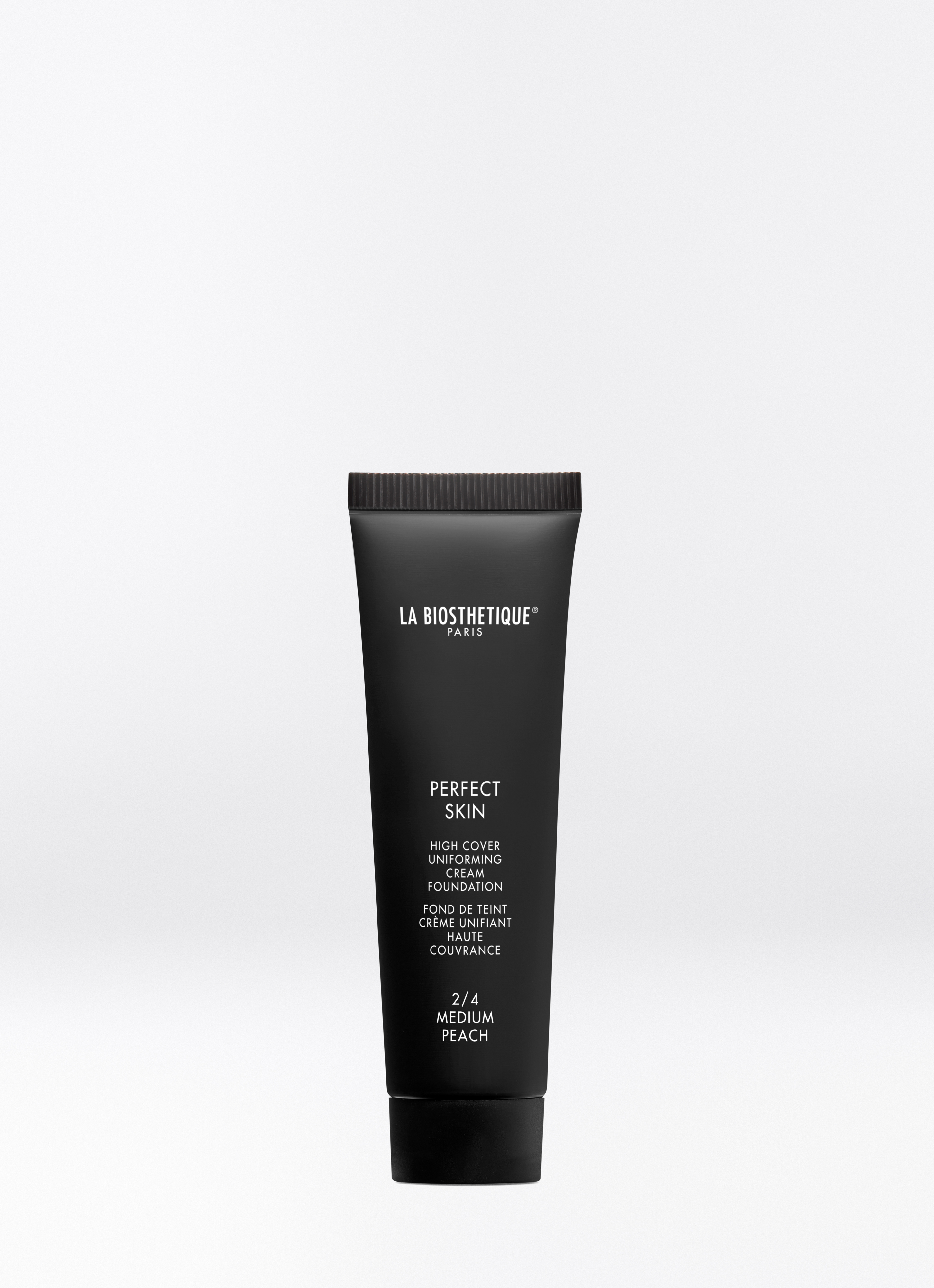 Schwarze Kunststofftube mit Schraubverschluss der Creme-Foundation Perfect Skin in der Farbe 2/4 Medium Peach