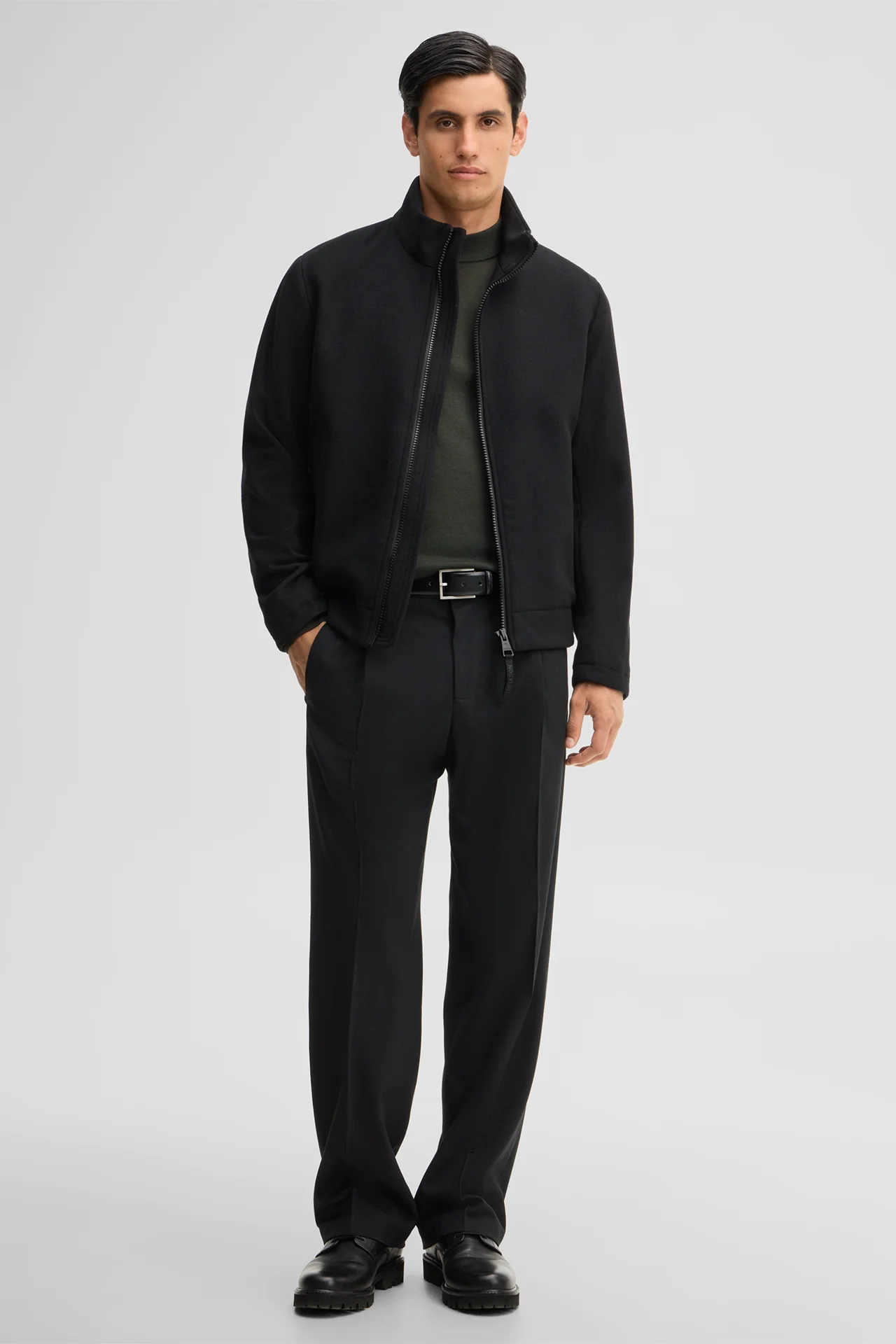 Blouson à col montant en mélange de laine, noir